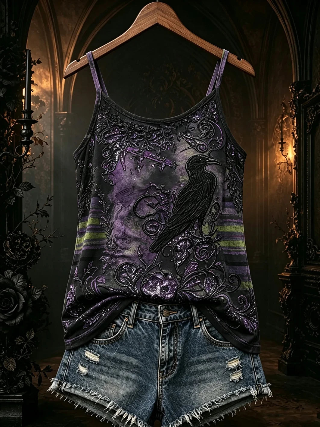 Gothic Grim Reaper Raven Crow Tank Top Halloween Spooky Skull Dark Clothes Gift For Her - Merchluma