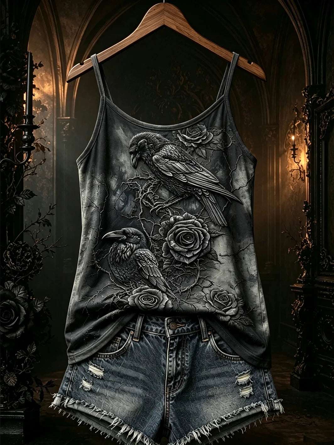 Raven And Roses Tank Top Gothic Raven Dark Floral Clothes Halloween Lover Gift Ideas - Merchluma