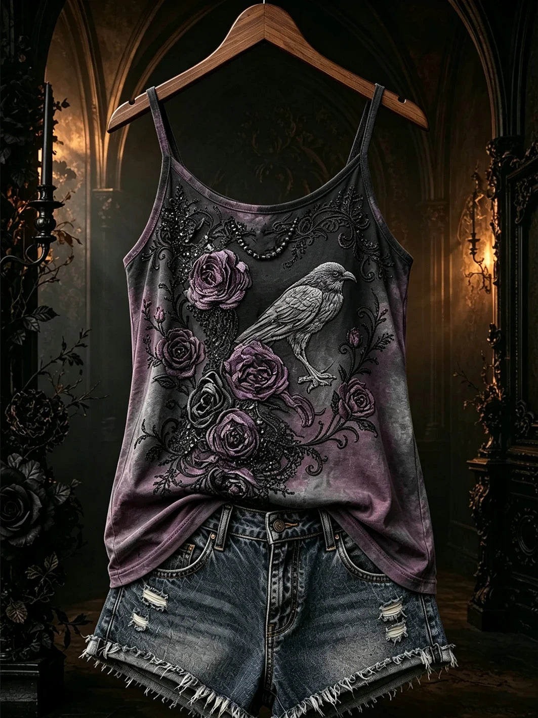 Raven Roses Tank Top Gothic Floral Clothes Cozy Halloween Clothes - Merchluma