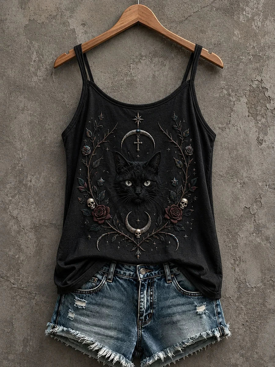 Black Cat Crescent Moon Skulls Tank Top Gothic Halloween Clothing Spooky Gift Ideas - Merchluma