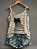 Black Cat On Stripes Tank Top Cat Stripes Merch Cozy Apparel Gift - Merchluma