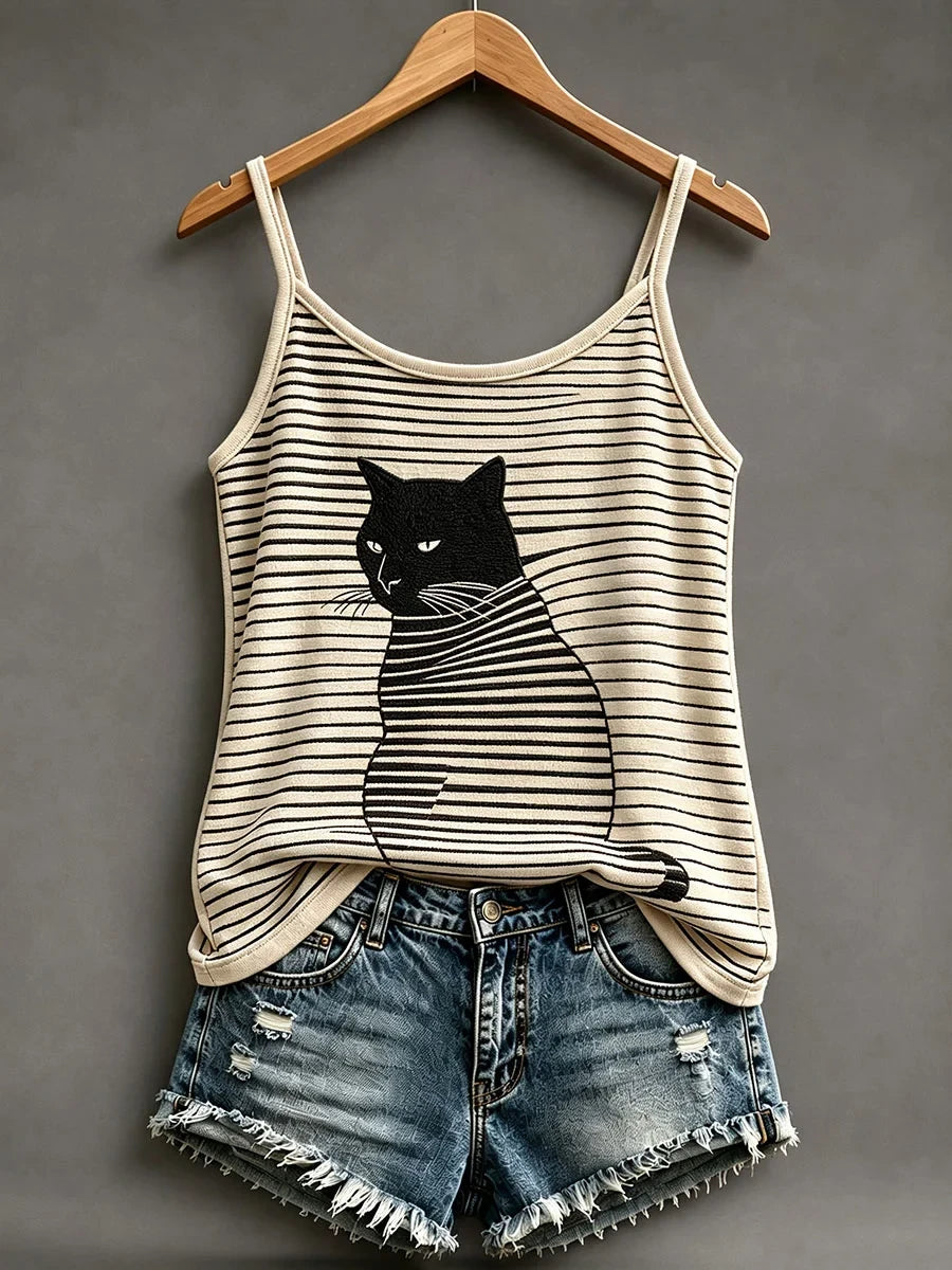 Black Cat On Stripes Tank Top Cat Stripes Merch Cozy Apparel Gift - Merchluma