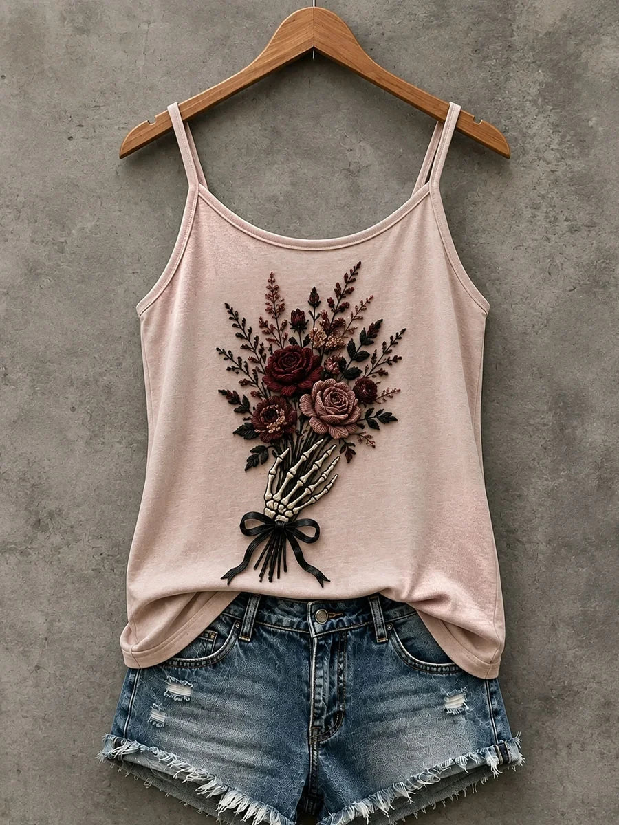 Skeleton Hand Holding Flowers Tank Top Floral Skeleton Clothing Spooky Apparel For Her - Merchluma