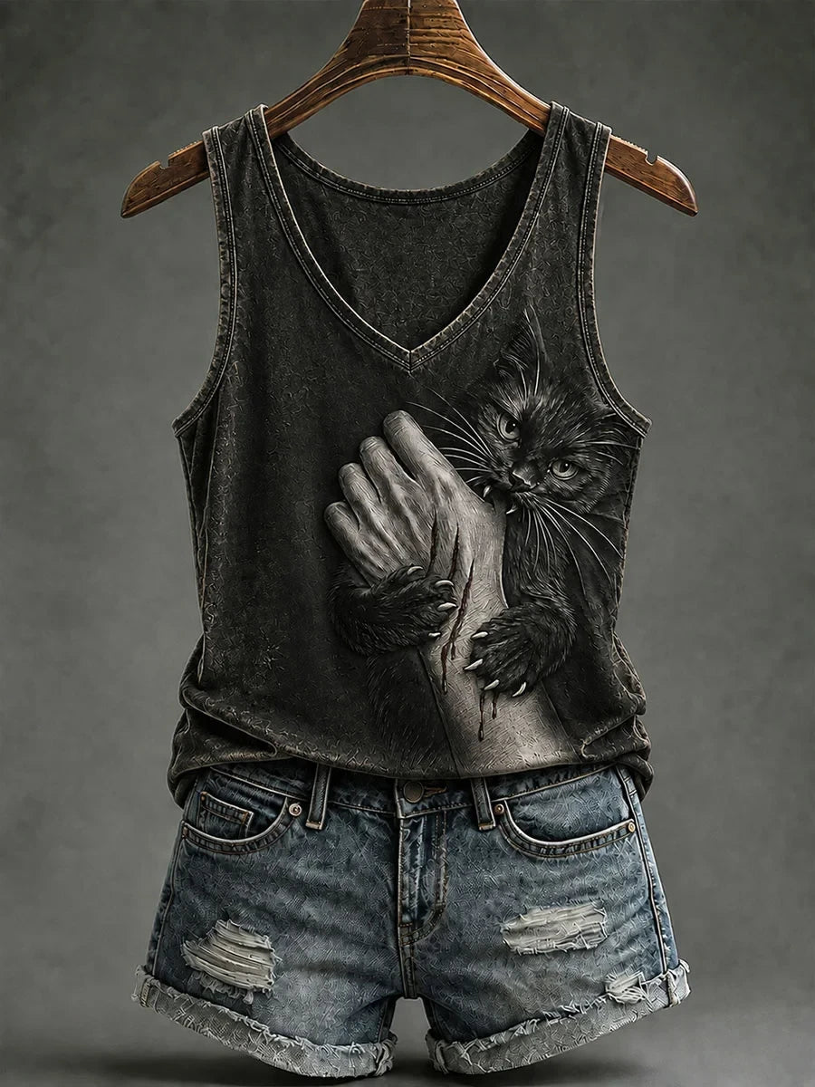Black Cat Biting Hand Tank Top Cat Halloween Merch Clothing For Spooky Lovers - Merchluma