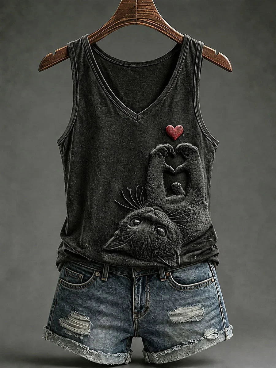 Black Cat Heart Paws Tank Top Cat Love Merch Trendy Halloween Apparel - Merchluma