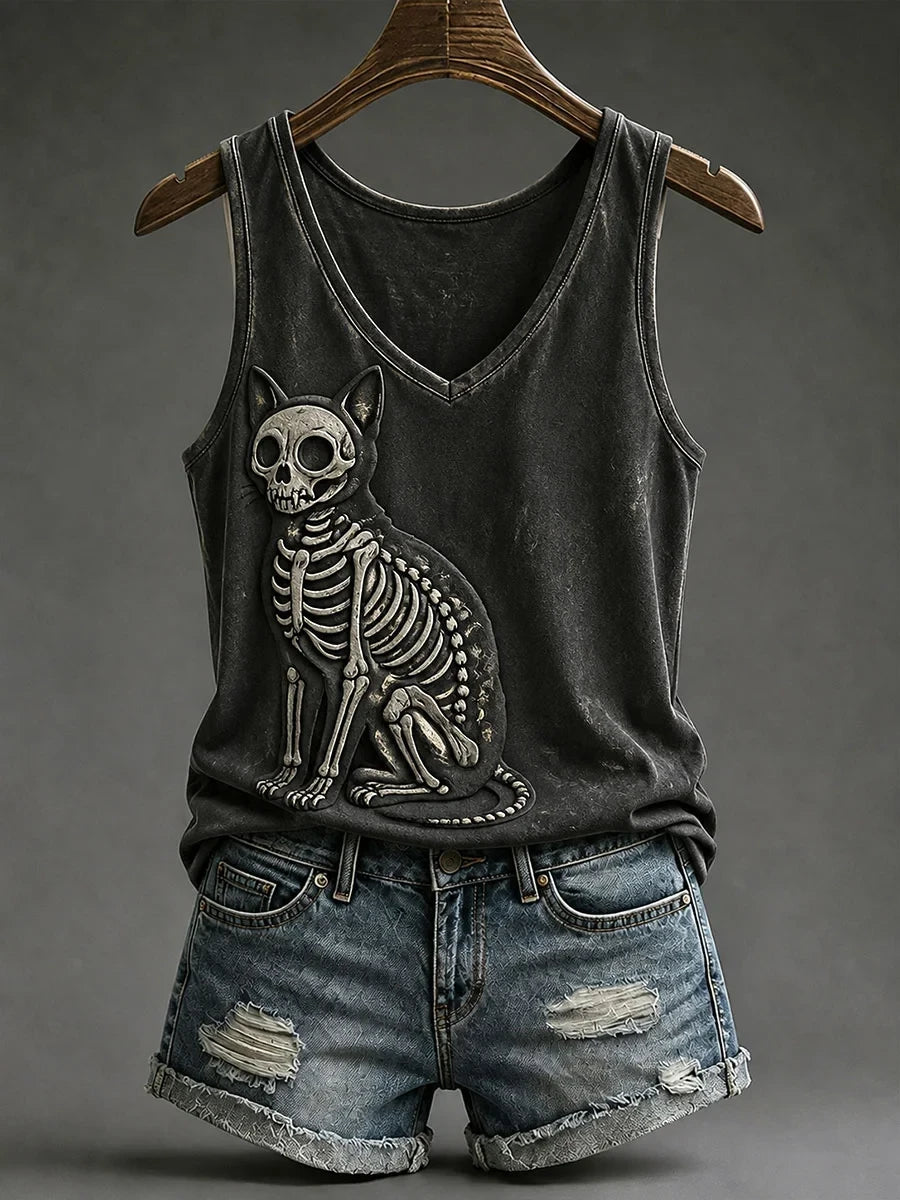 Gothic Skeleton Cat Tank Top Halloween Spooky Dark Merch Gift For Fans - Merchluma