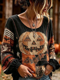 Halloween Pumpkin Patchwork Pattern Long Sleeve Shirt Vintage Boho Spooky Season Apparel Gift - Merchluma