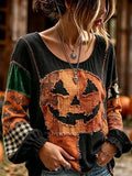 Vintage Halloween Pumpkin Patchwork Long-Sleeve Shirt Boho Spooky Season Merch Gift For Her - Merchluma