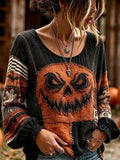Spooky Jack-O'-Lantern Patchwork Long Sleeve Shirt Halloween Pumpkin Merch Birthday Gift - Merchluma
