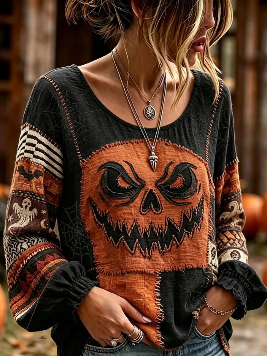 Spooky Jack-O'-Lantern Patchwork Long Sleeve Shirt Halloween Pumpkin Merch Birthday Gift - Merchluma