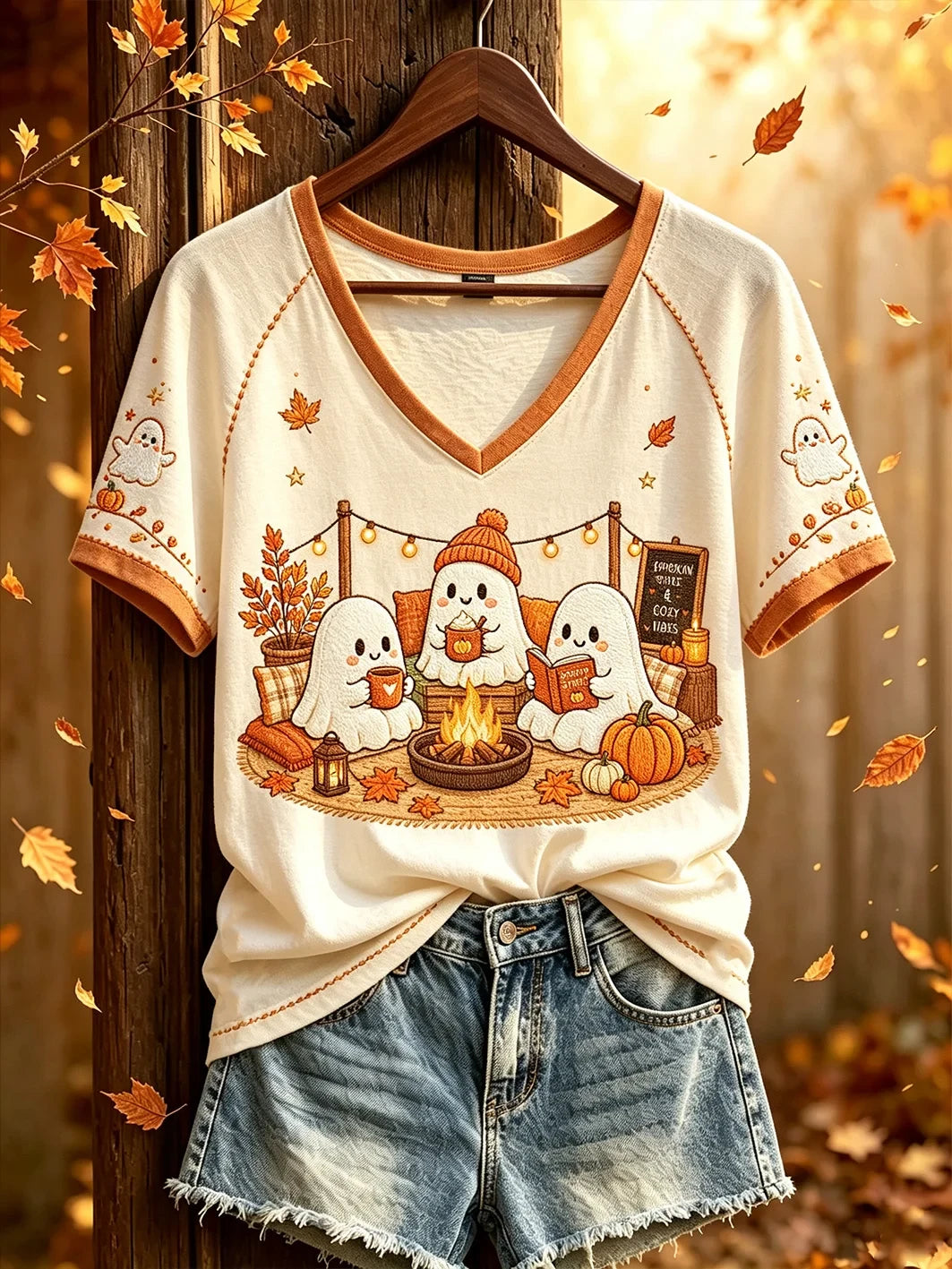 Autumn Cute Ghost Camping V-Neck Shirt Fall Clothes Halloween Gifts For Camping Lovers - Merchluma