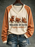 Walking By Faith Tripping Constantly V-Neck Long Sleeve Shirt Funny Highland Cow Clothes Gift - Merchluma
