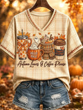 Autumn Leaves And Coffee Please V-Neck Shirt Cute Fall Clothes Gifts For Halloween Ideas - Merchluma