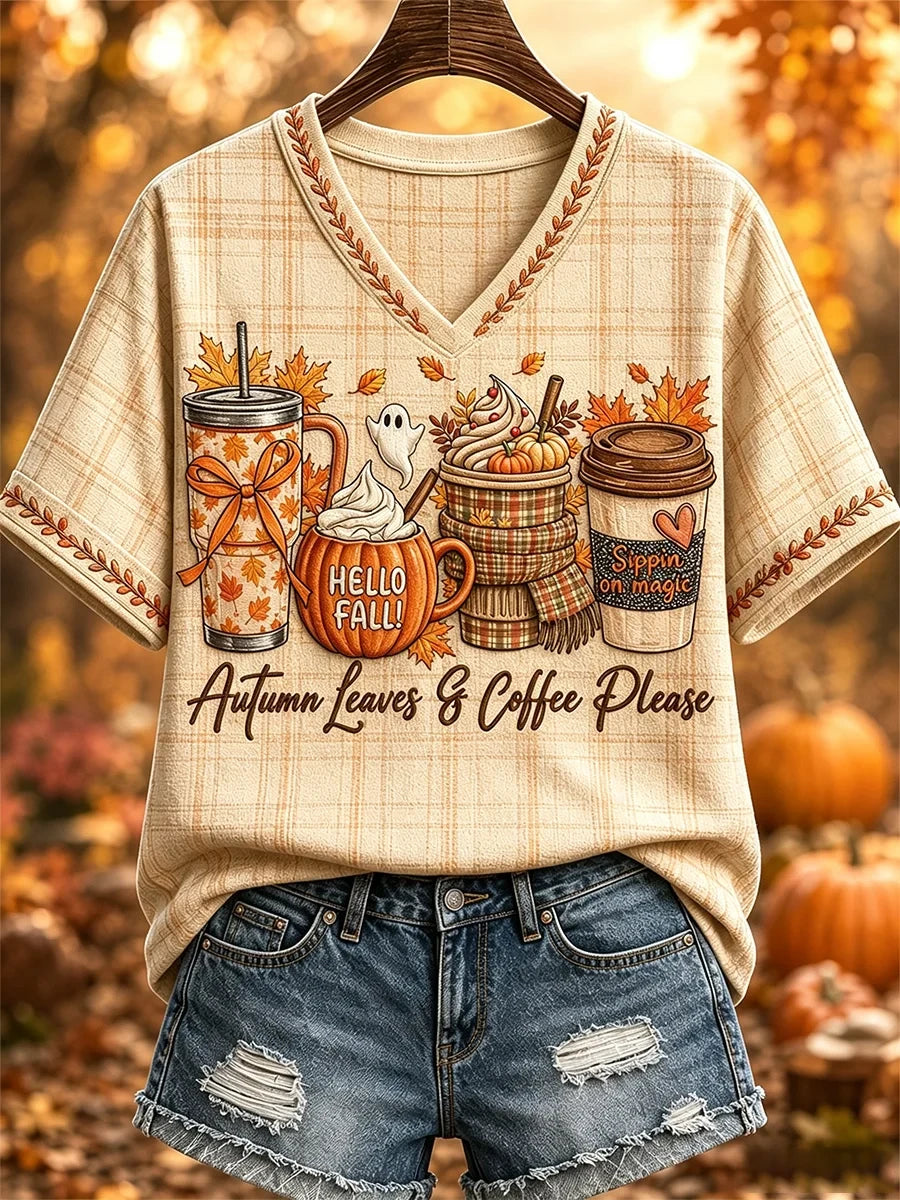 Autumn Leaves And Coffee Please V-Neck Shirt Cute Fall Clothes Gifts For Halloween Ideas - Merchluma