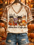Autumn Leaves And Coffee Please V-Neck Shirt Cute Halloween Apparel Gift For Coffee Lovers - Merchluma