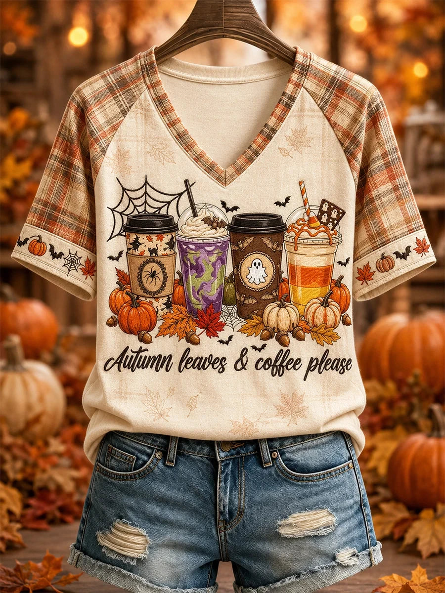 Autumn Leaves And Coffee Please V-Neck Shirt Cute Halloween Apparel Gift For Coffee Lovers - Merchluma