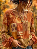 Autumn Floral Patchwork Pattern Long Sleeve Shirt Boho Fall Season Clothes Gift For Her - Merchluma