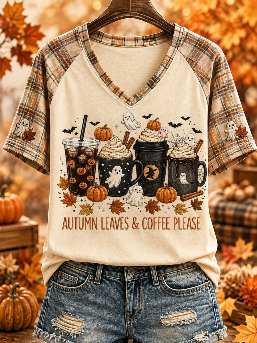 Autumn Leaves And Coffee Please V-Neck Shirt Cute Halloween Apparel Gift For Coffee Lovers - Merchluma