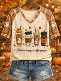 Autumn Leaves And Coffee Please V-Neck Shirt Fall Trendy Clothes Halloween Gifts Ideas - Merchluma