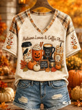 Autumn Leaves And Coffee Please V-Neck Shirt Halloween Themed Clothes Coffee Lover Gifts - Merchluma