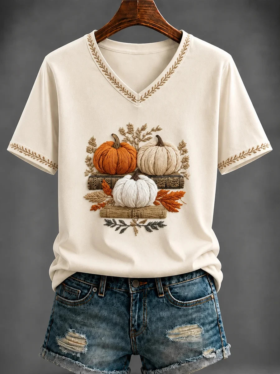Autumn Pumpkin Art V-Neck T-Shirt Cute Fall Clothes Best Gifts For My Mom - Merchluma