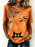 Cute Black Cat Spider Web Halloween T-Shirt Halloween Spooky Tee Birthday Presents For Women - Merchluma