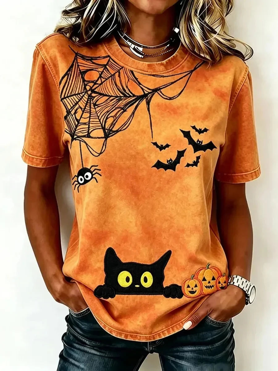 Cute Black Cat Spider Web Halloween T-Shirt Halloween Spooky Tee Birthday Presents For Women - Merchluma
