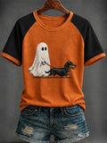 Ghost Walking A Dachshund T-Shirt Halloween Dog Tee Cool Apparel Gift - Merchluma
