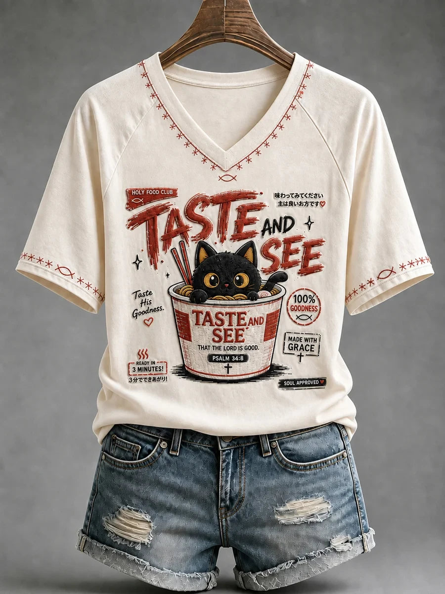 Cat Taste And See That The Lord Is Good V-Neck Shirt Funny Christian Clothing Gifts For BFF - Merchluma