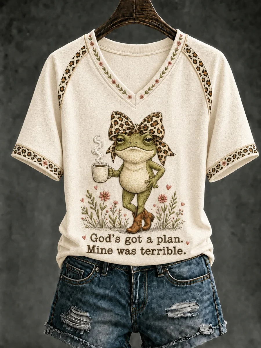 Frog God's Got A Plan Mine Was Terrible V-Neck Shirt Funny Christian Apparel Gift for Her - Merchluma