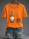 Gnome With Wagon Of Leaves T-Shirt Autumn Gnome Merch Cool Halloween Clothes - Merchluma