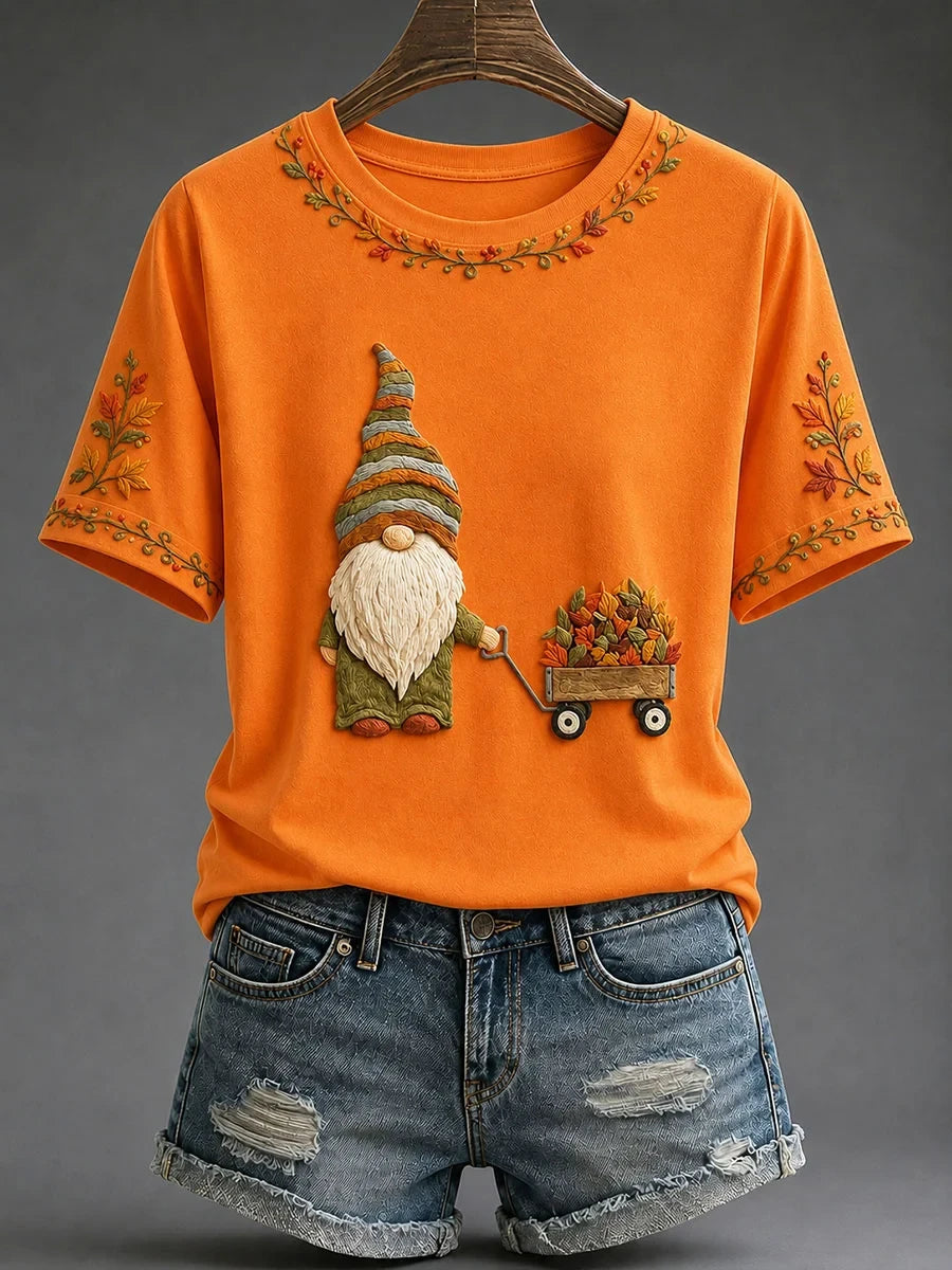 Gnome With Wagon Of Leaves T-Shirt Autumn Gnome Merch Cool Halloween Clothes - Merchluma