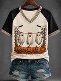 Ghosts On Clothesline Halloween V-Neck Shirt Cute Ghost Pumpkin Shirt Spooky Season Gifts - Merchluma