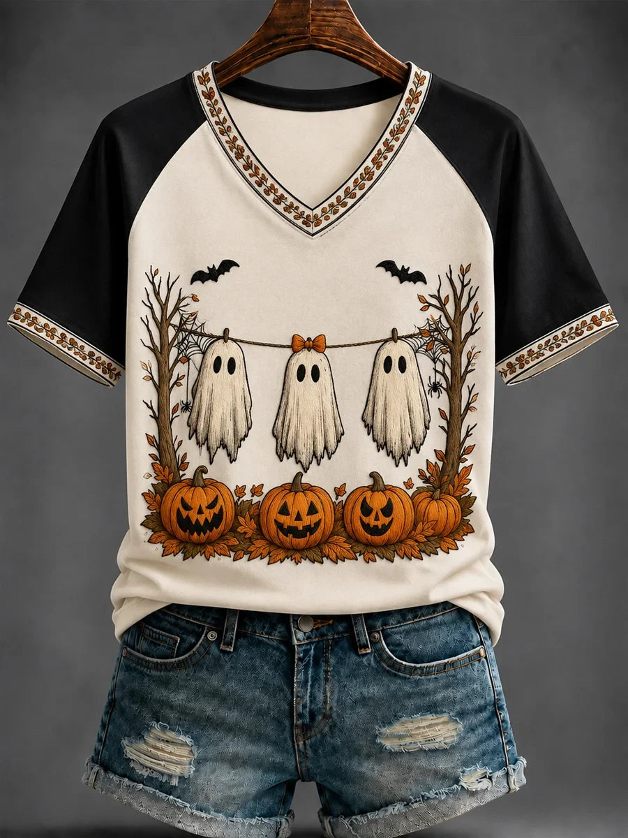 Ghosts On Clothesline Halloween V-Neck Shirt Cute Ghost Pumpkin Shirt Spooky Season Gifts - Merchluma