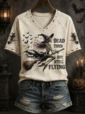 Skull Witch Dead Tired But Still Flying V-Neck Shirt Funny Halloween Apparel Gift For Sisters - Merchluma