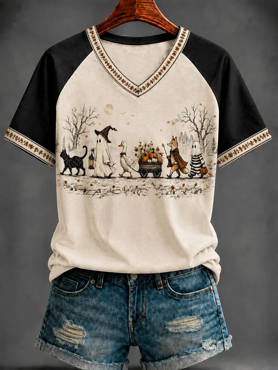 Vintage Halloween Parade V-Neck Shirt Ghost Goose Black Cat Spooky Season Apparel Gift - Merchluma