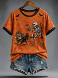 Skeleton Chasing Dog With Bone T-Shirt Halloween Spooky Merch Birthday Ideas For Women - Merchluma