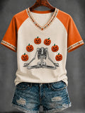 Yoga Skeleton Pumpkin V-Neck Shirt Halloween Meditating Shirts Cute Halloween Gift for Women - Merchluma