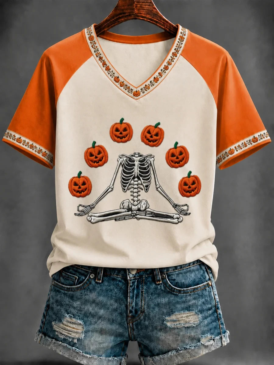 Yoga Skeleton Pumpkin V-Neck Shirt Halloween Meditating Shirts Cute Halloween Gift for Women - Merchluma