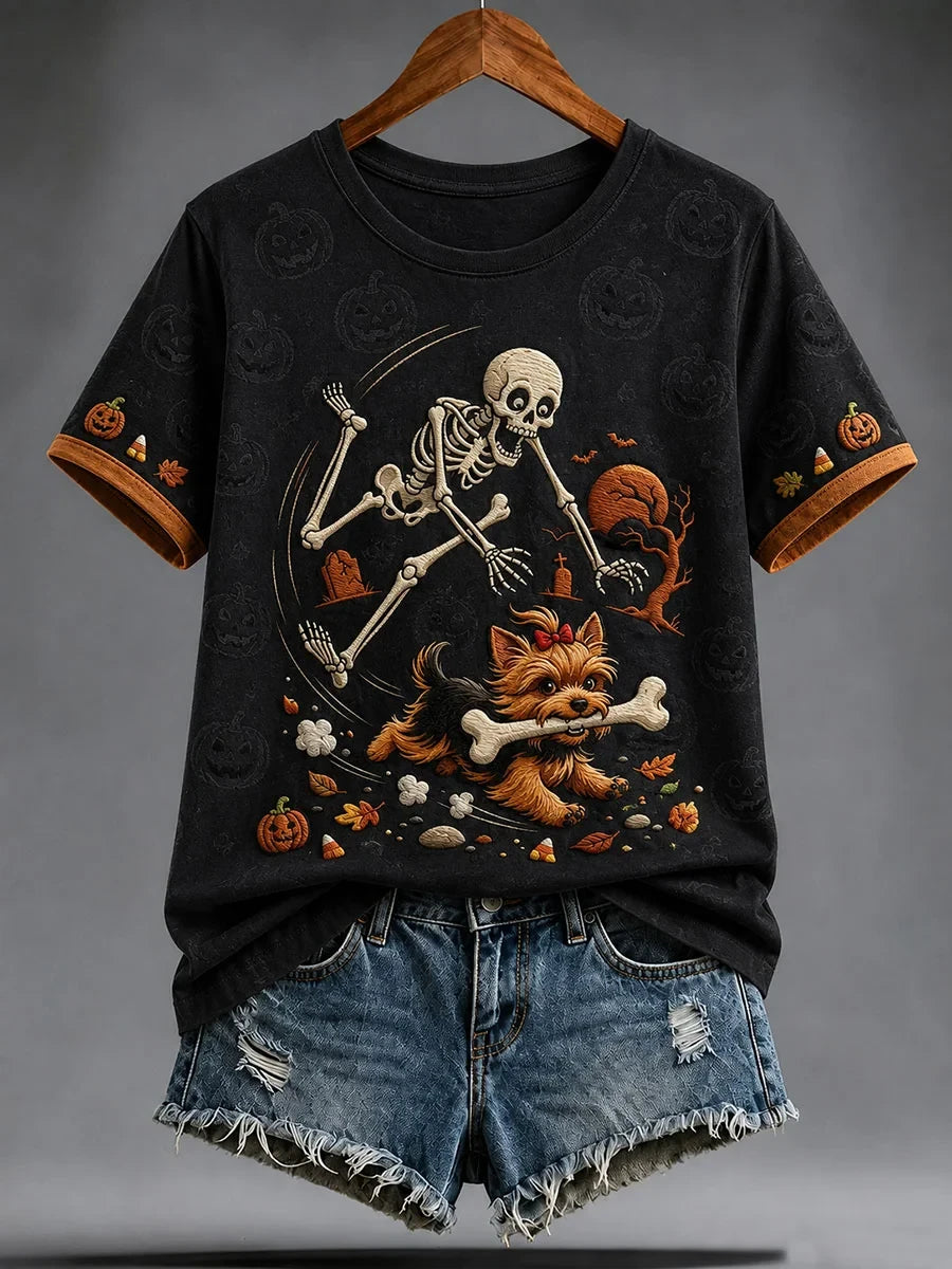 Cute Yorkie Dog Chased By Skeleton T-Shirt Halloween Spooky Merch Ideas Gift - Merchluma