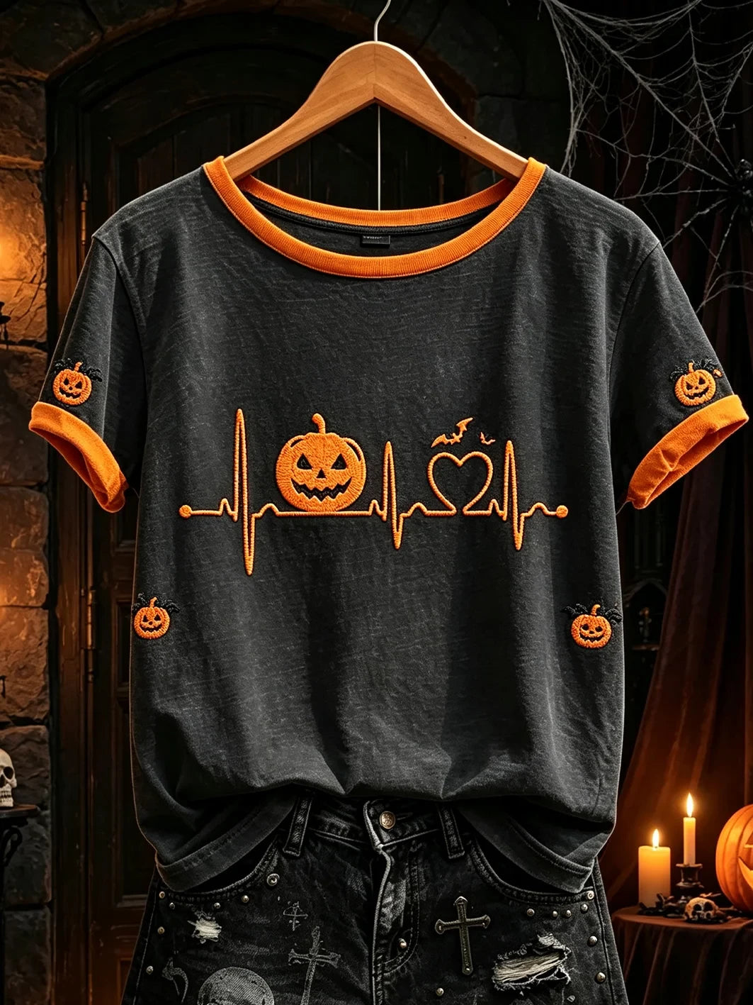Halloween Heartbeat Pumpkin T-Shirt Halloween Pumpkin Tee Apparel Gift - Merchluma