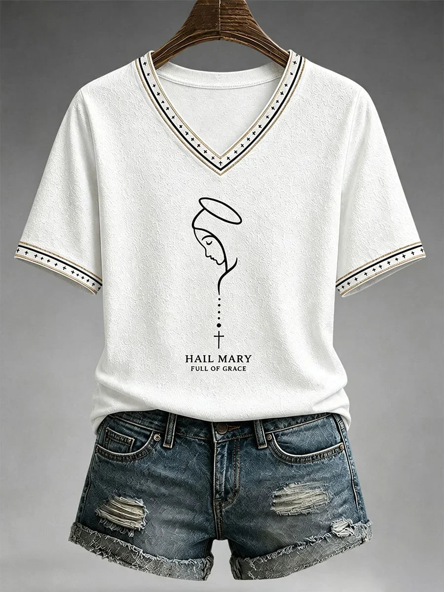 Hail Mary Full Of Grace V-NecK T-Shirt Women's Faith Based Apparel Christian Present Ideas - Merchluma