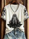 Halloween Ghost Floral Art V-Neck Shirt Gothic Apparel Best Halloween Gifts - Merchluma