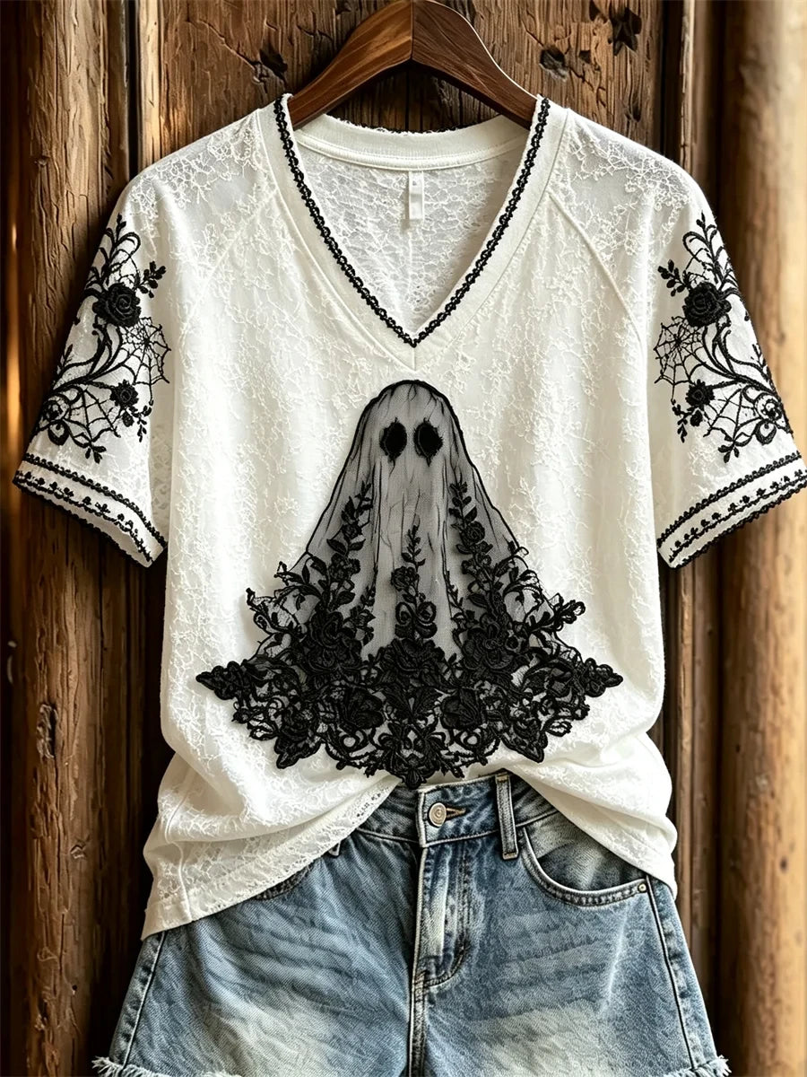 Halloween Ghost Floral Art V-Neck Shirt Gothic Apparel Best Halloween Gifts - Merchluma