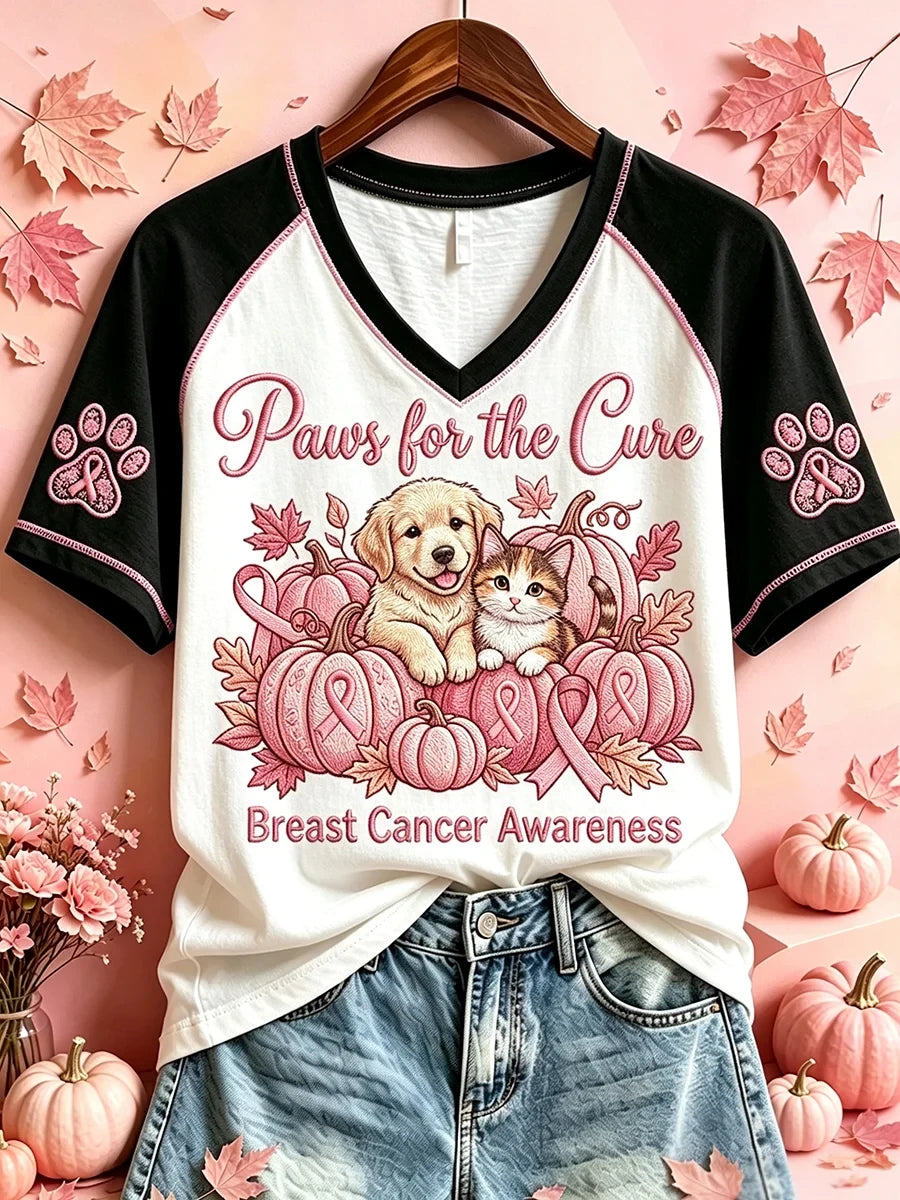 Paws For The Cure Breast Cancer Awareness Dog Cat V-Neck Shirt Cute Fall Apparel Mom Gifts - Merchluma