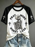 Pray More Worry Less T-Shirt Skeleton Praying Christian Tee Cozy Halloween Gift Ideas - Merchluma