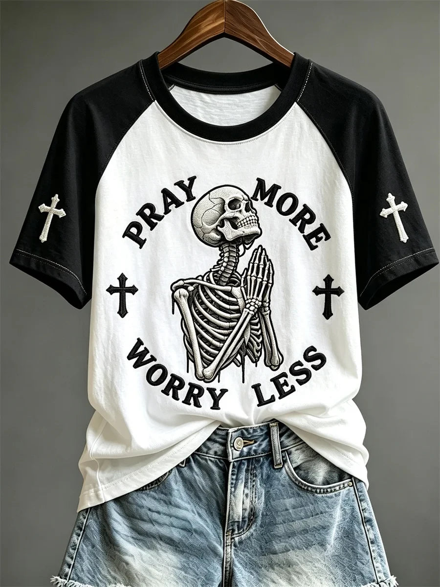 Pray More Worry Less T-Shirt Skeleton Praying Christian Tee Cozy Halloween Gift Ideas - Merchluma