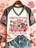 Paws For The Cure Breast Cancer Awareness Dog Print V-Neck Shirt Cute Gift For Dog Lovers - Merchluma