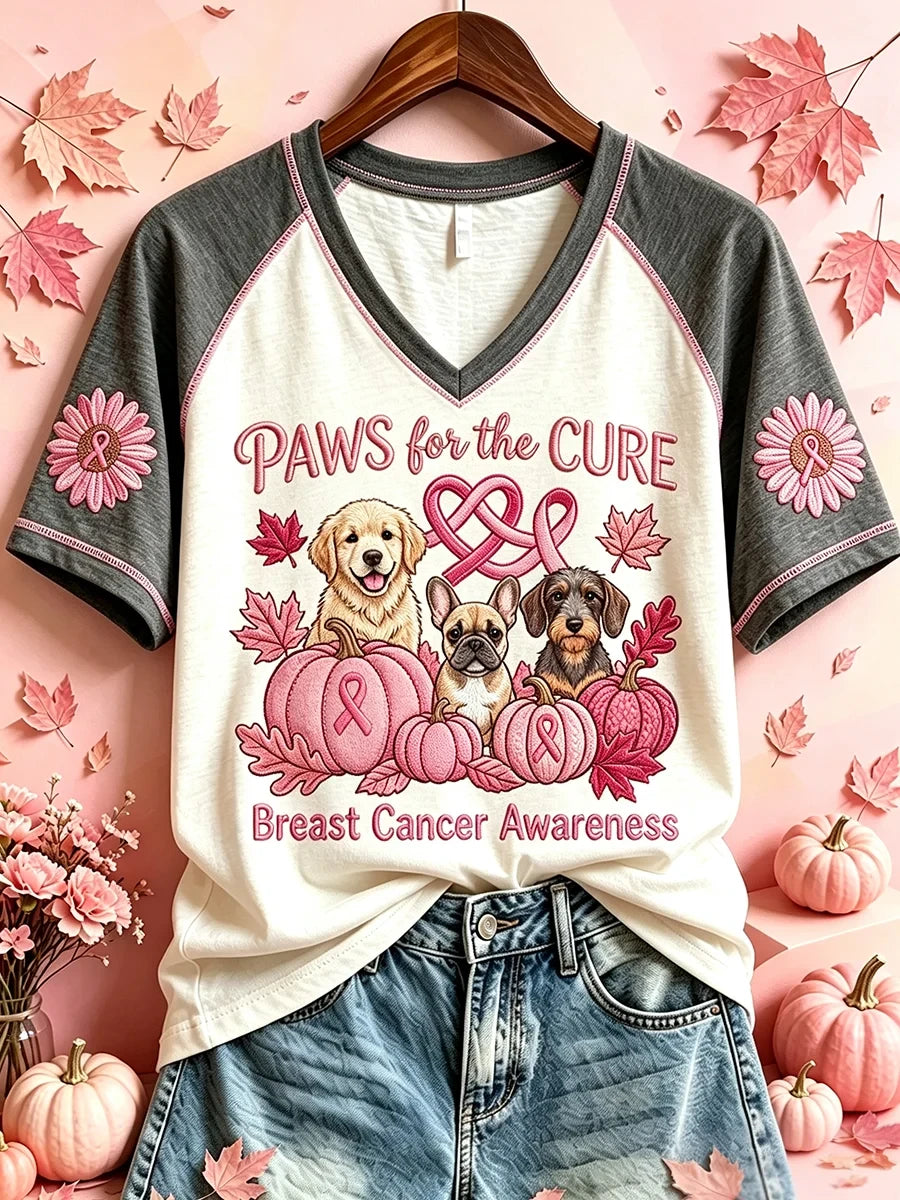 Paws For The Cure Breast Cancer Awareness Dog Print V-Neck Shirt Cute Gift For Dog Lovers - Merchluma