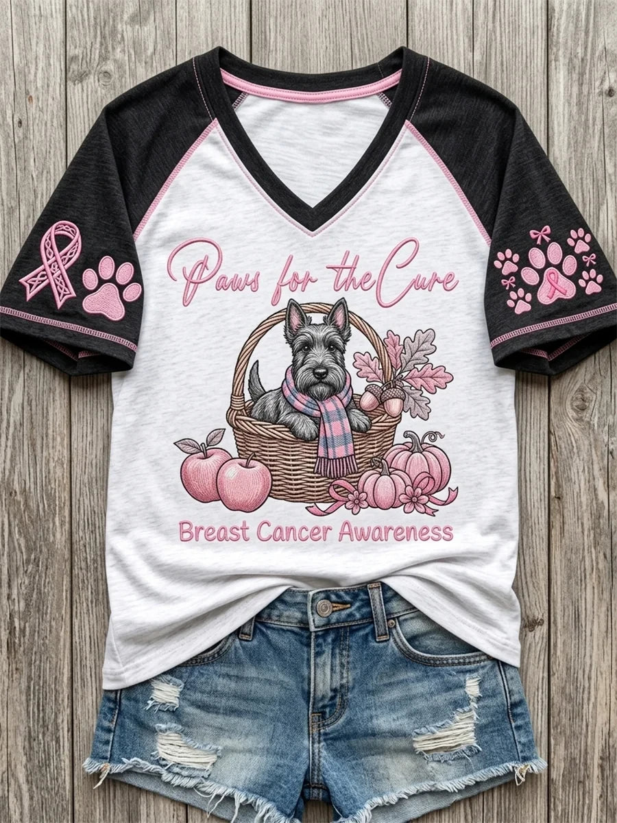 Paws For The Cure Breast Cancer Awareness Dog Print V-Neck Shirt Present For Dog Lovers - Merchluma